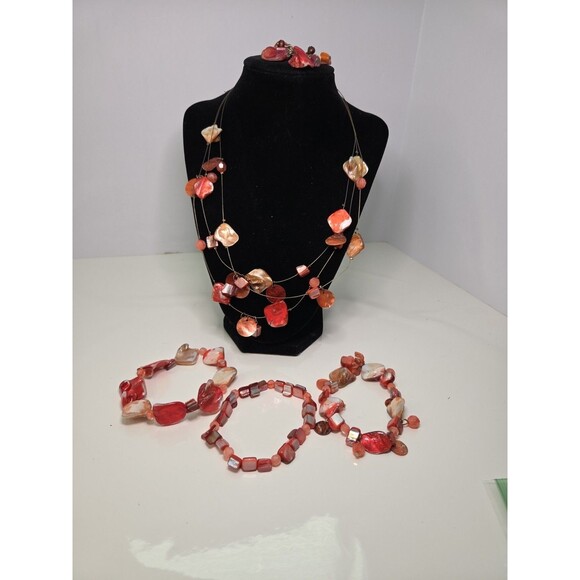 Necklace Coral Gold & Salmon Color 20" 3 Tier Including Earrings & 3 Braceletsj - Picture 7 of 7